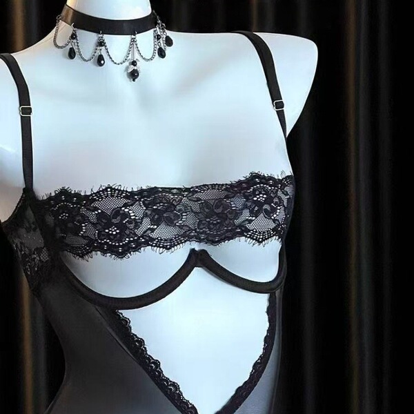 Black lace bodysuit with push-up cups and open crotch, paired with a choker necklace, displayed on a mannequin.