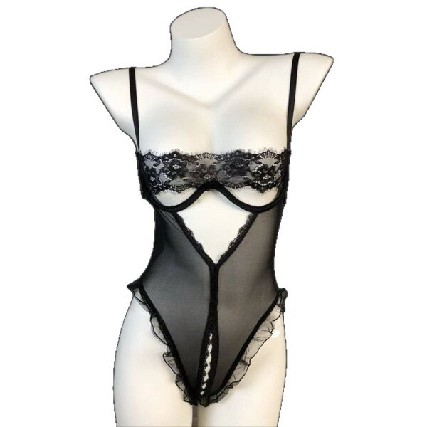 Black lace bodysuit with wire-free push-up cups and open-crotch design, perfect for plus-size small bust lingerie.