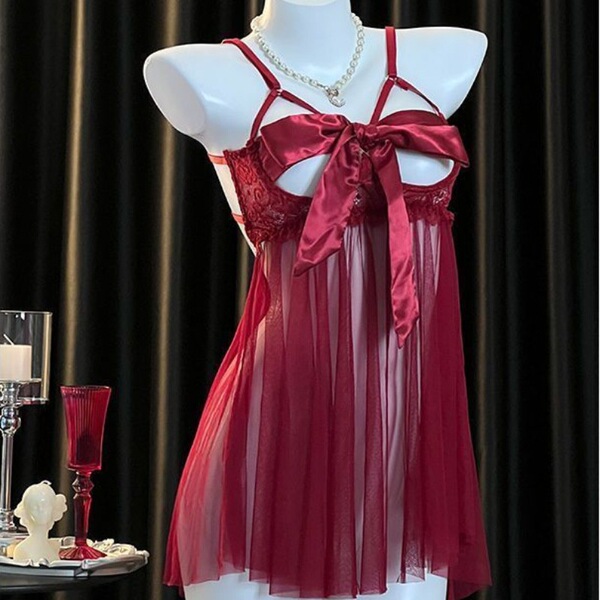 Red satin and lace chemise set with bow ties, displayed on mannequin. plus size sexy sleepwear for bedroom elegance.
