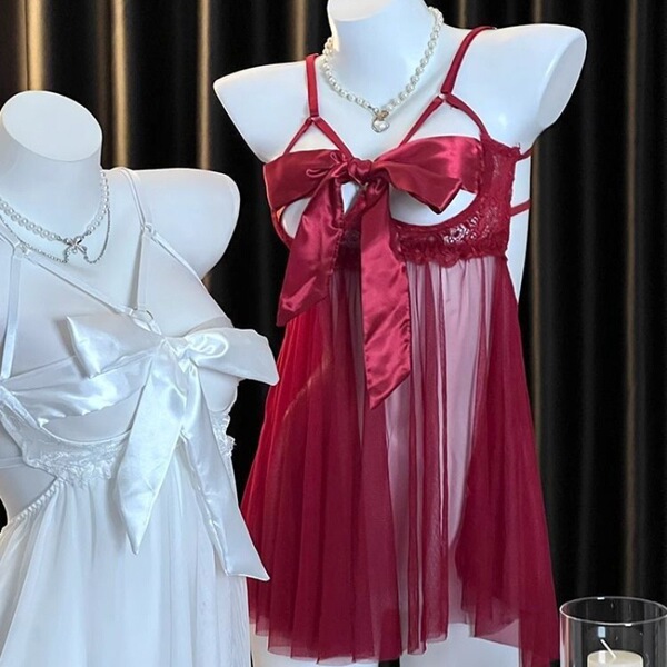 Plus size lace chemise set in red and white, featuring satin bows, lace detailing, and adjustable ties for a sexy bedroom-rea...
