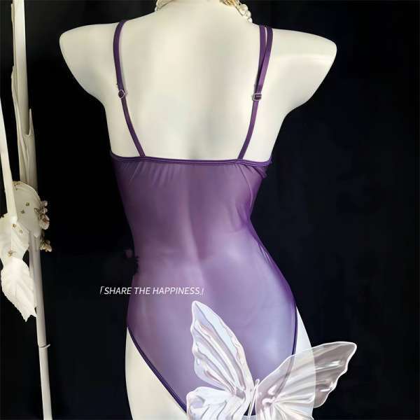 Purple midnight lace lingerie set for curvy women, featuring a sexy thin bra and panty with elegant butterfly detail.