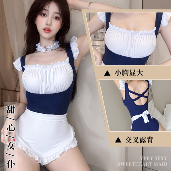 Woman modeling a blue and white plus size lace maid costume with ruffled straps, sweetheart neckline, and crisscross back det...