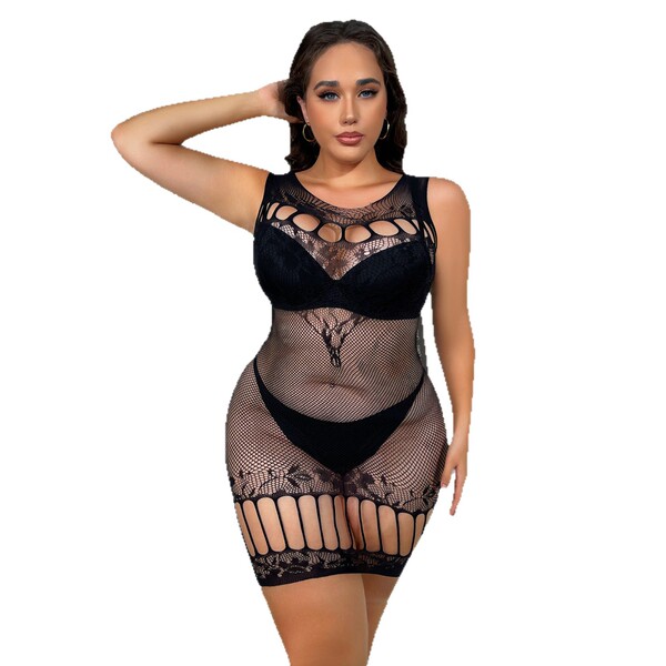 Plus size black lace bodysuit with sheer mesh and cut-out details, available in xl, fast shipping.