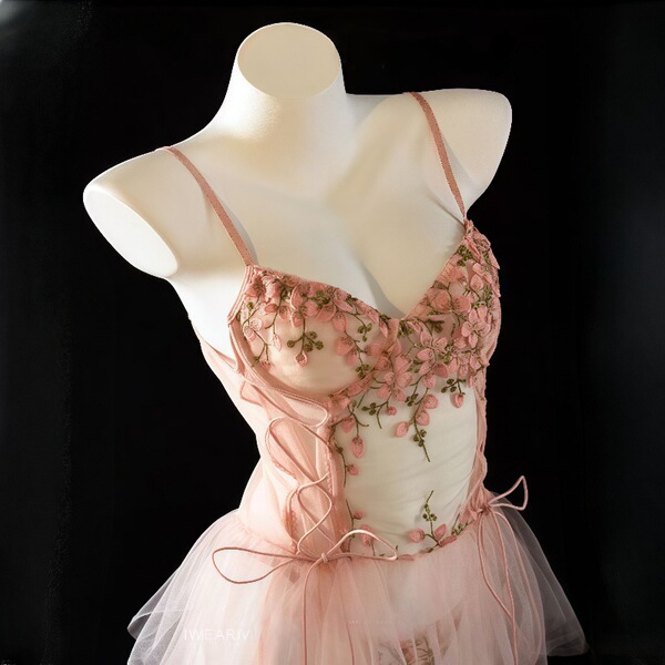 Pink lace sleep dress with floral embroidery and built-in pads, flirty nightgown set for women.