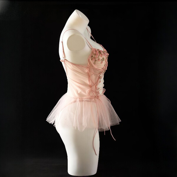 Pink lace sleep dress with floral embroidery and tulle skirt, featuring built-in pads for a flirty, feminine look.