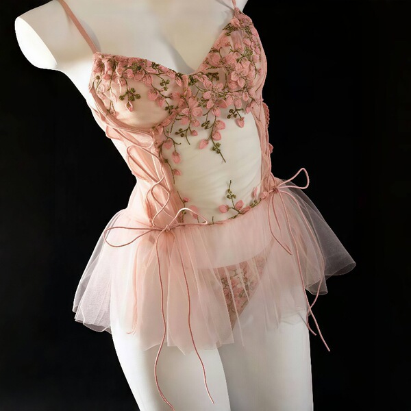 Pink lace sleep dress with floral embroidery, built-in pads, and tulle skirt. flirty nightgown set for women.