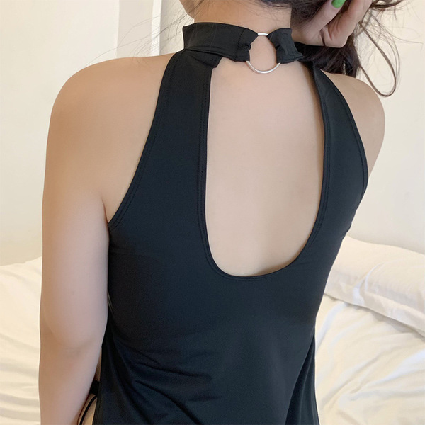 Sexy black halter neck dress with deep back cutout, perfect for plus-size women seeking elegant sleepwear.