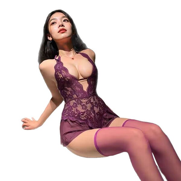Sheer lace bodysuit with plunging neckline, perfect for small busts. no-remove design, ideal for seductive sleepwear. plus si...