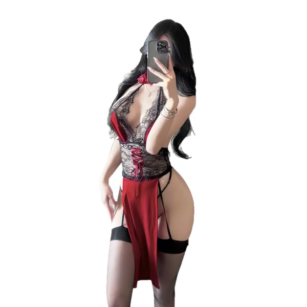 Sexy lace cheongsam style nightgown with flirty neckline and hook-on design, perfect for plus size lingerie sleepwear sets.