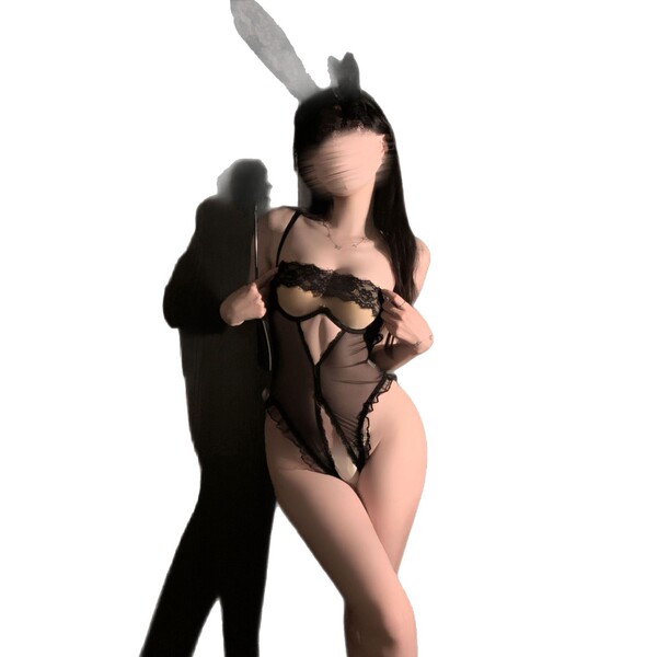Sheer black bodysuit with lace detailing and bunny ears, designed for a sensual look with push-up and open-crotch features.