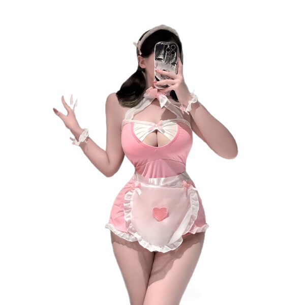 Pink plus size maid costume lingerie set with open-crotch design, featuring ruffled apron and heart detail for adult role pla...