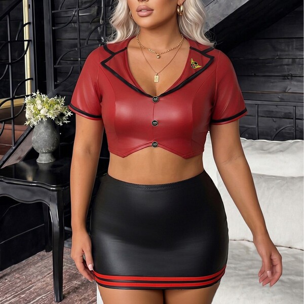 Sexy plus size pu flight attendant costume set featuring a red crop top with black trim and matching black mini skirt, perfec...