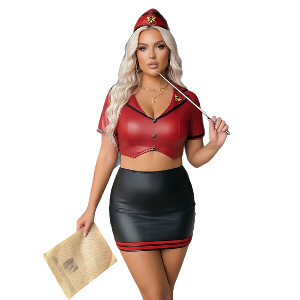 Sexy plus size pu flight attendant costume set featuring a red crop top with buttons, black skirt, and cap, perfect for cospl...