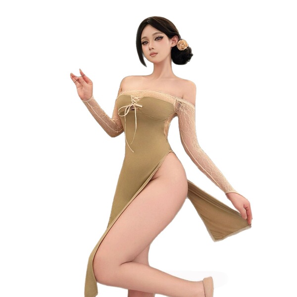 Seductive beige backless bustier nightgown with lace sleeves and thigh-high slit, perfect for plus-size elegance.