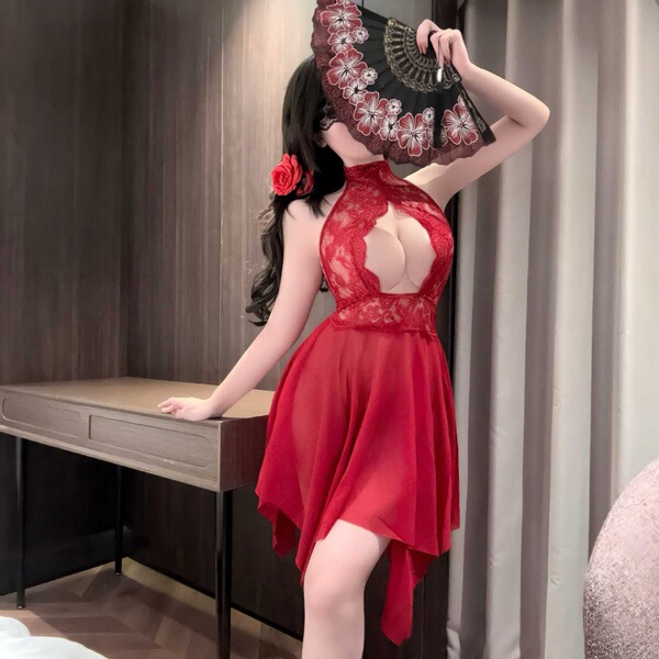 Sexy red lace sleep dress with off-shoulder design, featuring floral embroidery and sheer fabric, perfect for evening wear.