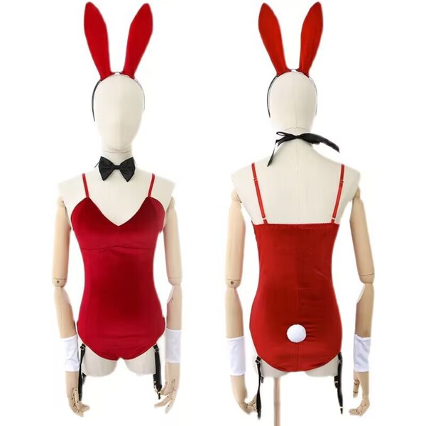 Plus size red bunny girl costume - sexy new year role play bodysuit for women, featuring vibrant red design with bunny ears a...