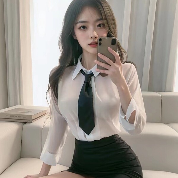 Woman wearing a plus size secretary costume set with a sheer white blouse, black tie, and bodycon skirt.