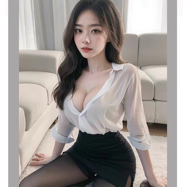 Sheer white blouse and black bodycon skirt plus size secretary costume set, seductive teacher outfit with no-remove design.
