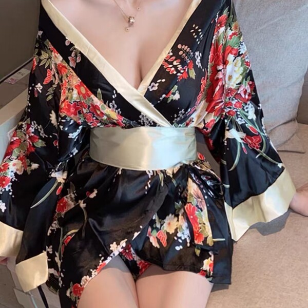 Plus size seductive geisha lingerie set - japanese kimono-inspired low-neck erotic costume for women, featuring vibrant flora...