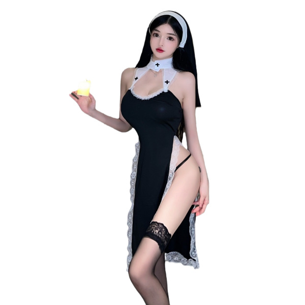 Woman in black high-slit lace bodysuit with nun-inspired headpiece, holding candle. plus size seductive lingerie set for wome...