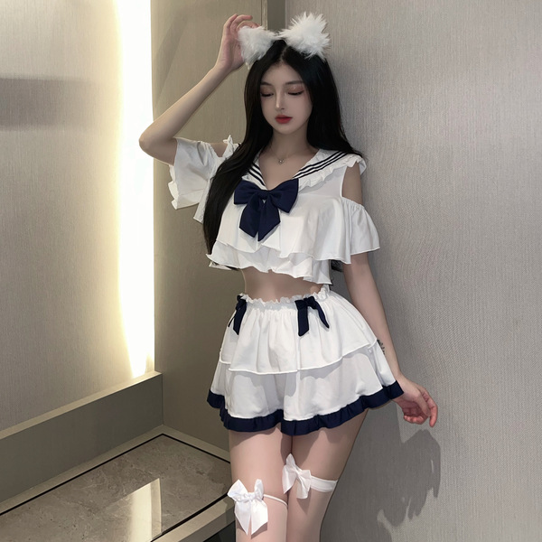 Seductive sailor-style lingerie set featuring sheer soft fabric, perfect jk uniform design with ruffled details and bow accen...