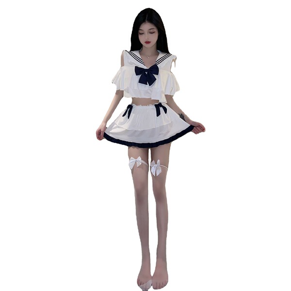 Seductive sailor-style lingerie set featuring sheer soft girl outfit with ruffled top and skirt, perfect for plus-size women.
