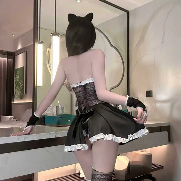 Sexy catwoman sleep dress featuring sheer off-shoulder design, maid costume style with black and white accents, perfect for e...