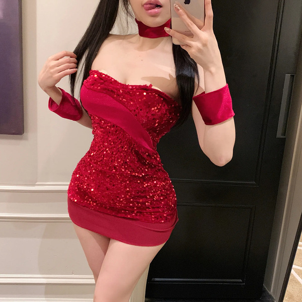 Sexy red sequined bodysuit with matching skirt, perfect for holiday parties and date nights. plus size festive outfit.