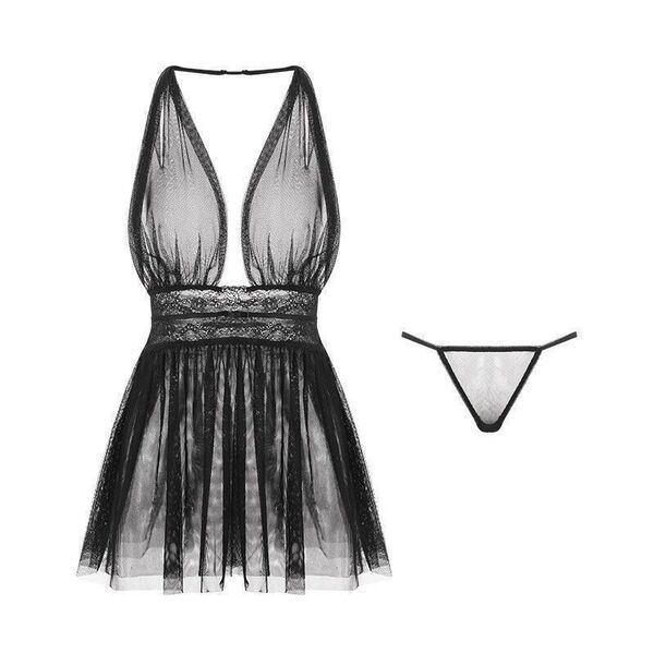 Sheer black deep v neck sleep dress with backless design and matching thong, elegant plus size lingerie set for nightwear.
