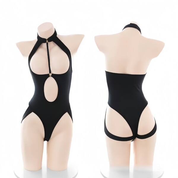 Black strappy halter bodysuit with open-crotch and cut-out details, shown front and back on mannequin.