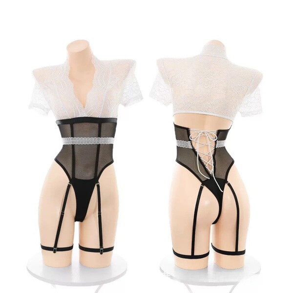 Plus size sexy lace bodysuit with hook closure & open-crotch design - sheer corset-style one-piece outfit for women