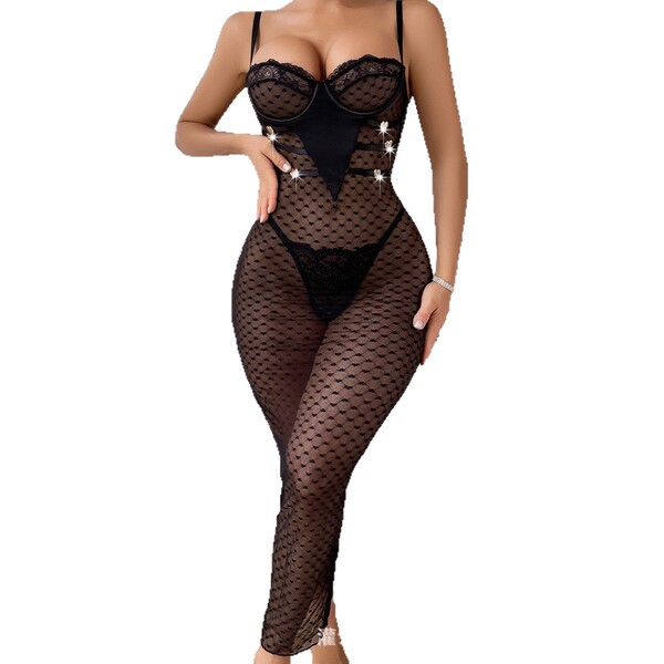 Sexy lace bodysuit set featuring sheer polka dot mesh dress with heart detail and thong, perfect for plus-size women seeking ...