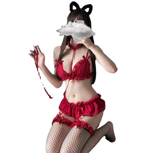 Sexy red lace bra set with sheer chiffon matching panties, neckline harness, fishnet stockings, and cat ears for women.