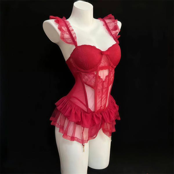 Red lace corset bodysuit with ruffles and underwire, designed to enhance bust and create a seamless, sexy look for women.