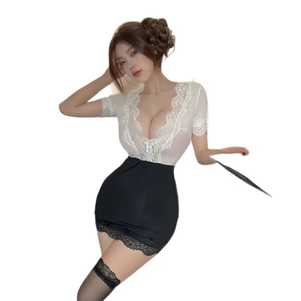 Sexy lace see-through deep v secretary bodycon dress with midnight temptation uniform set, elegant design for allure.