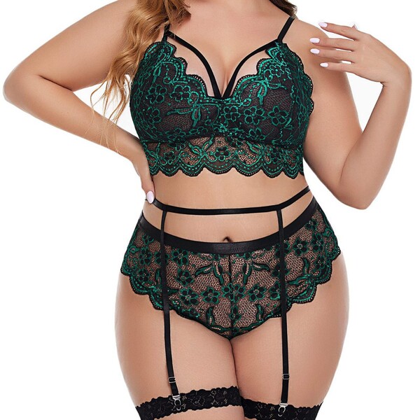 Plus size sexy lace lingerie set with sheer bra and panty, featuring floral embroidery and garter straps for a bold look.