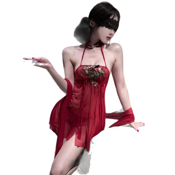 Woman wearing red vintage embroidered sheer mesh nightgown with matching set, featuring lace details and elegant design for d...