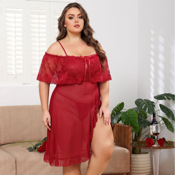 Plus size sexy lace sleepwear set - sheer off-shoulder cami dress with transparent mesh & floral embroidery