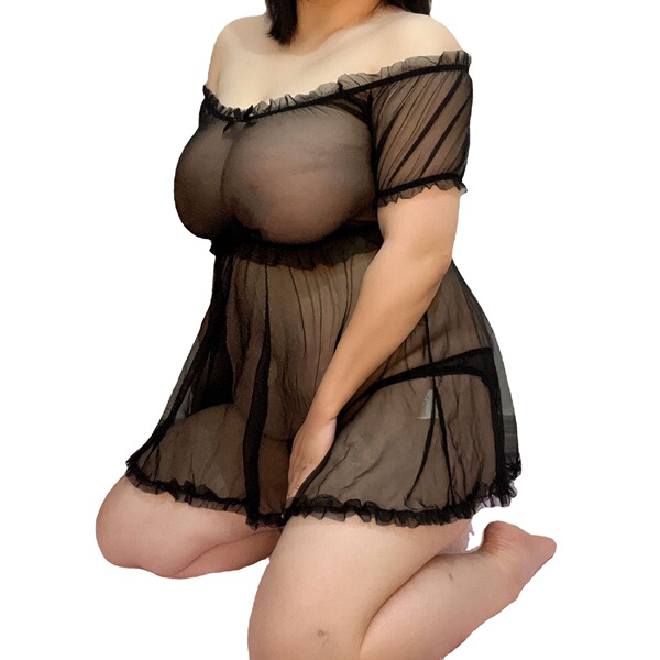 Plus Size Sexy Lace Sleepwear Set - Sheer Mesh Transparent Erotic Lingerie for Curvy Women - Product Image