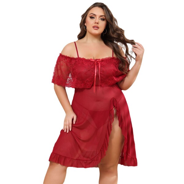 Plus size sexy lace sleepwear set - sheer off-shoulder cami dress with transparent mesh & floral embroidery