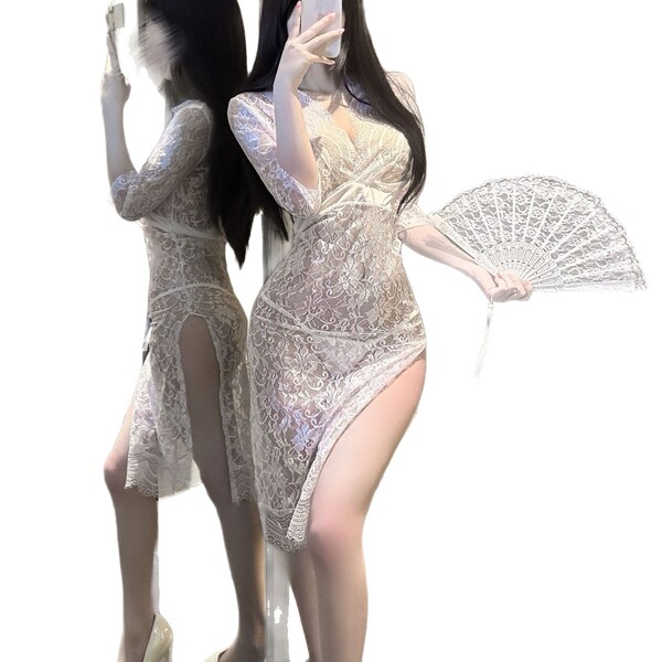 Plus size sexy lace sleepwear set - sheer seductive split dress with uniform-inspired allure, qqny brand