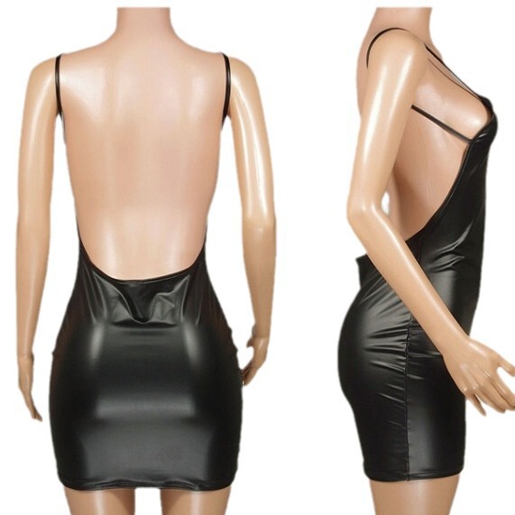 Black backless pvc mini dress with thin straps, form-fitting design for nightlife and role play.