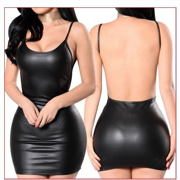 Sexy backless black pvc mini dress with thin straps, form-fitting bodycon style for nightclub or role play.