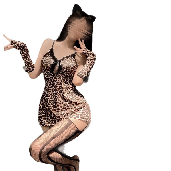 Curvy woman in plus size leopard print lingerie set with cat ears, sheer stockings, and gloves. cute wild cat bodycon sleepwe...