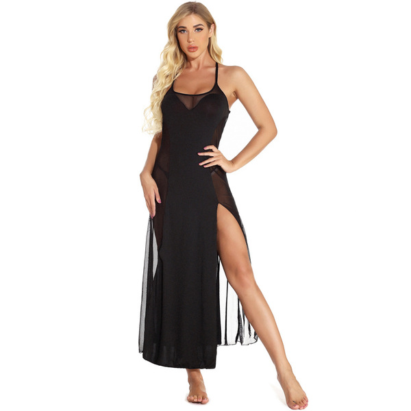 Sexy black sheer backless evening gown with thigh-high slit, perfect for plus-size women seeking trendy and elegant sleepwear...
