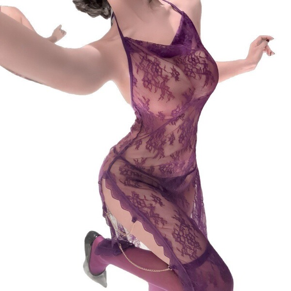 Sexy plus size lingerie dress featuring lace, sheer fabric, high slit, and chains, perfect for nightwear or elegant evening w...