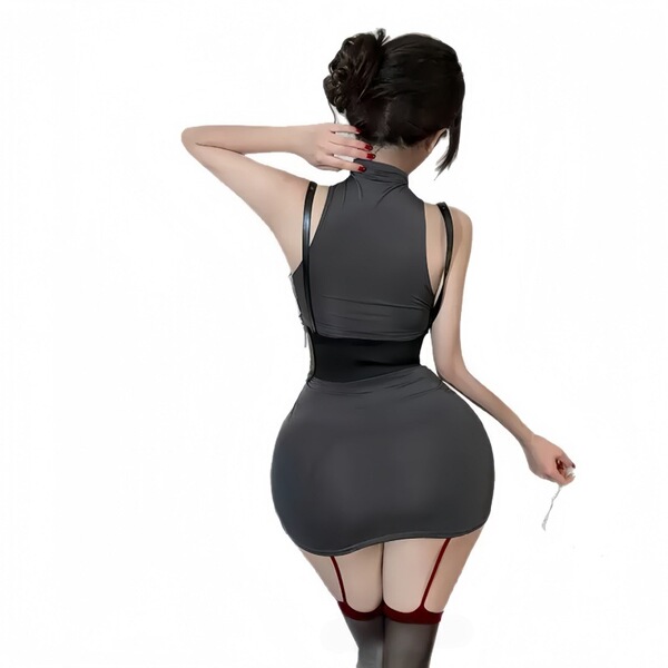 Woman wearing plus size sexy lingerie set with midnight chic high-neck mini dress and red garter straps.