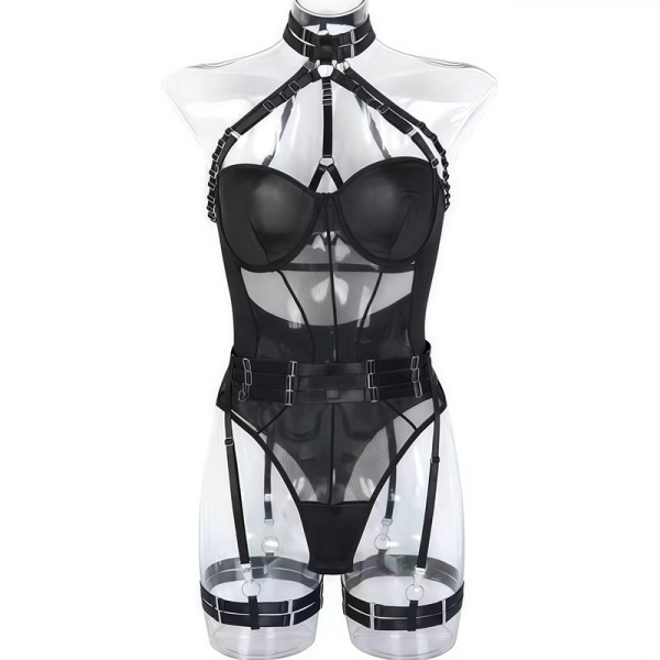 Black plus size sexy lingerie set with revealing bustier, thong, and harness straps for bold role play or outdoor wear.