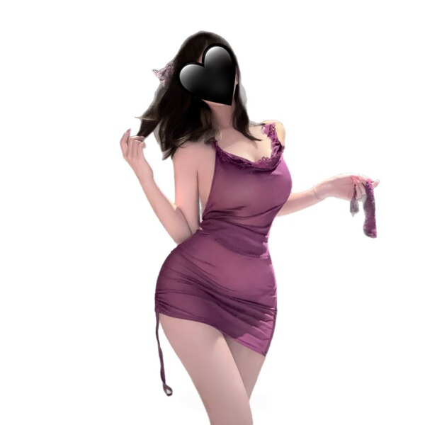 Sexy purple sheer dress with lace details, perfect for curvy women seeking elegant sleepwear. two-in-one design offers no-rem...