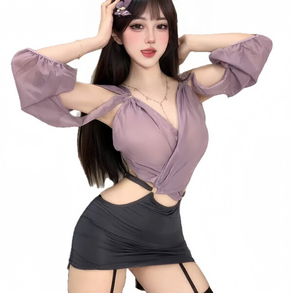 Woman wearing plus size sexy lingerie set with sheer side-open waist-baring design, perfect for nightclub or secretary costum...